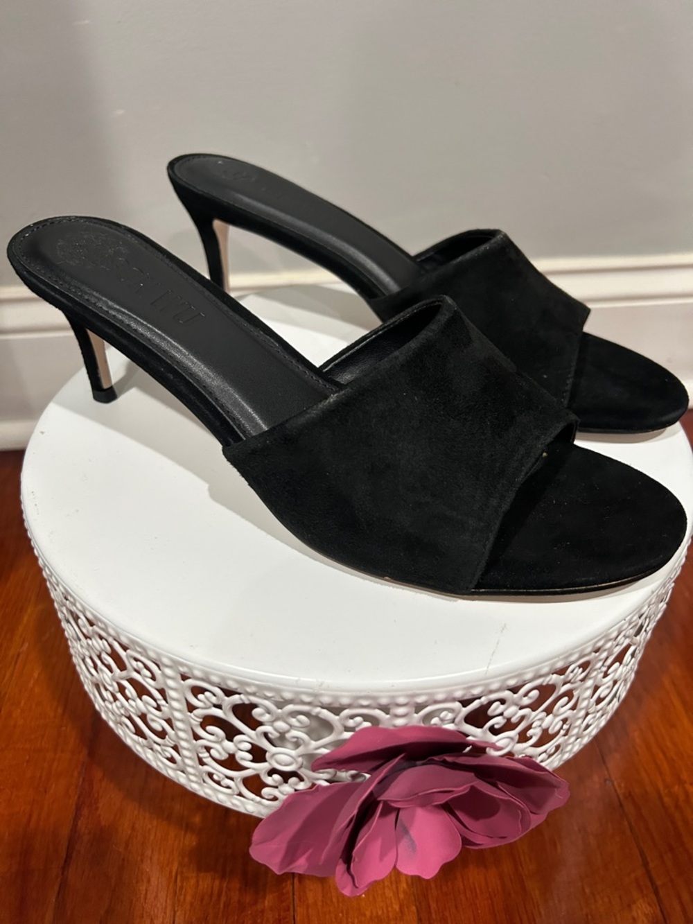 Black Suede Open-Toe Mid-Heel Slide